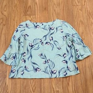 Blue floral 100% linen 3/4 bell sleeve blouse, Charter Club size XXL